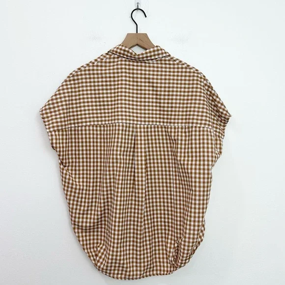 French Connection Gingham Plaid Split Popover Shirt Tan White Size small - Picture 2 of 5